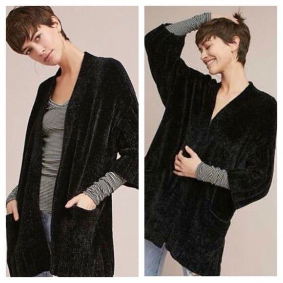 Anthropologie Moth Lily Black Chenille Oversized Open Cardigan Sweater XS - Picture 1 of 8